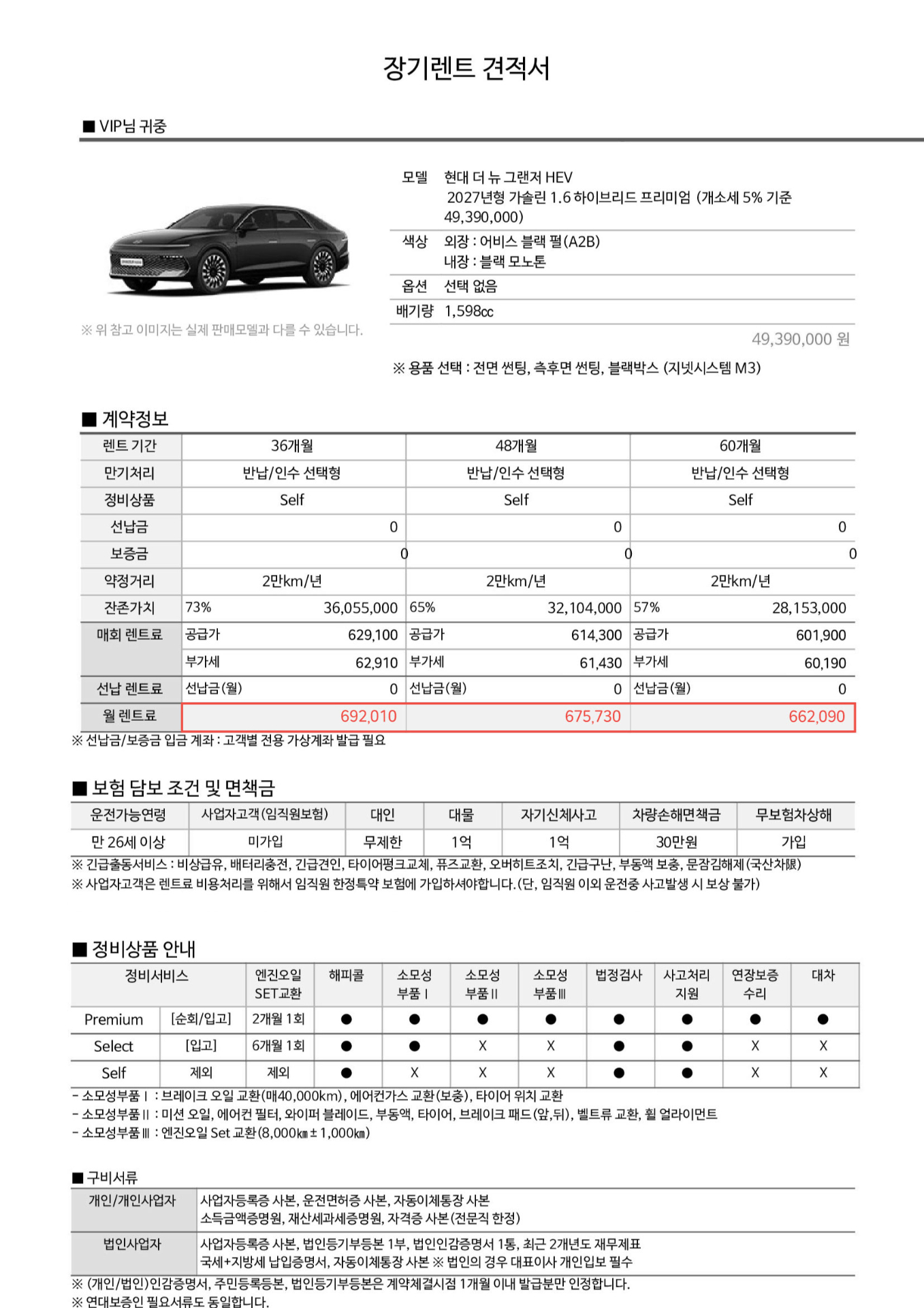 장기렌트 · 더 뉴 그랜저 HEV 타사 견적서 예시